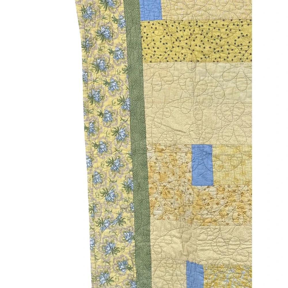 Handmade Yellow Patchwork Quilt Blue Floral Reversible Tea Cup Throw 42x66